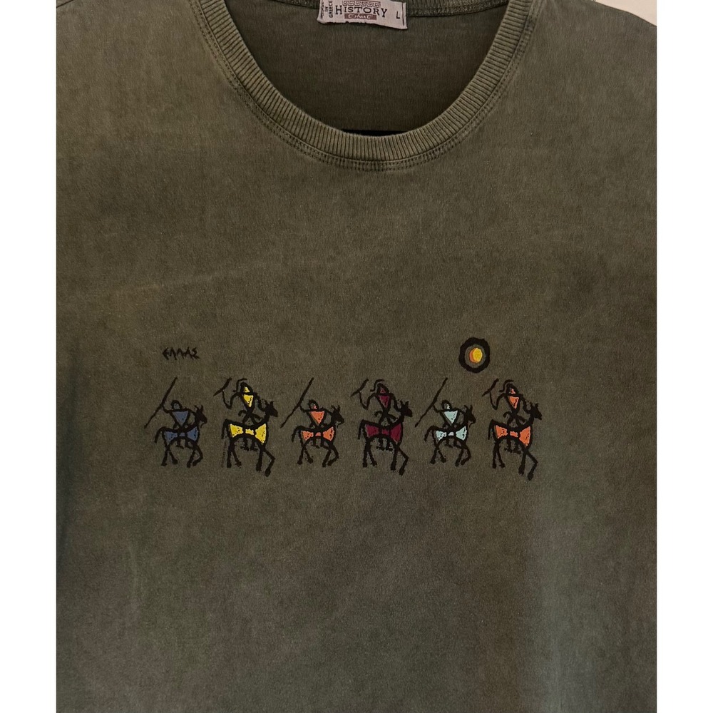 History Greek T-Shirt Men Large Olive Green Embroidered Warriors Cotton Indie